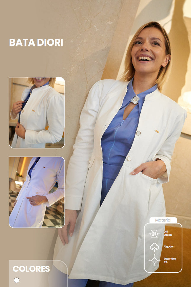 Woman wearing a white lab coat with close-up insets and 'Bata Diori' branding.